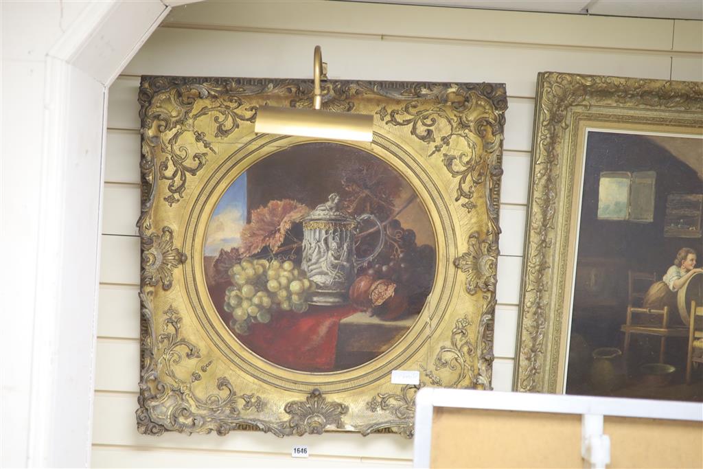 Victorian School, oil on canvas, Still life study of an ivory flagon and fruit upon a ledge, tondo, 42cm